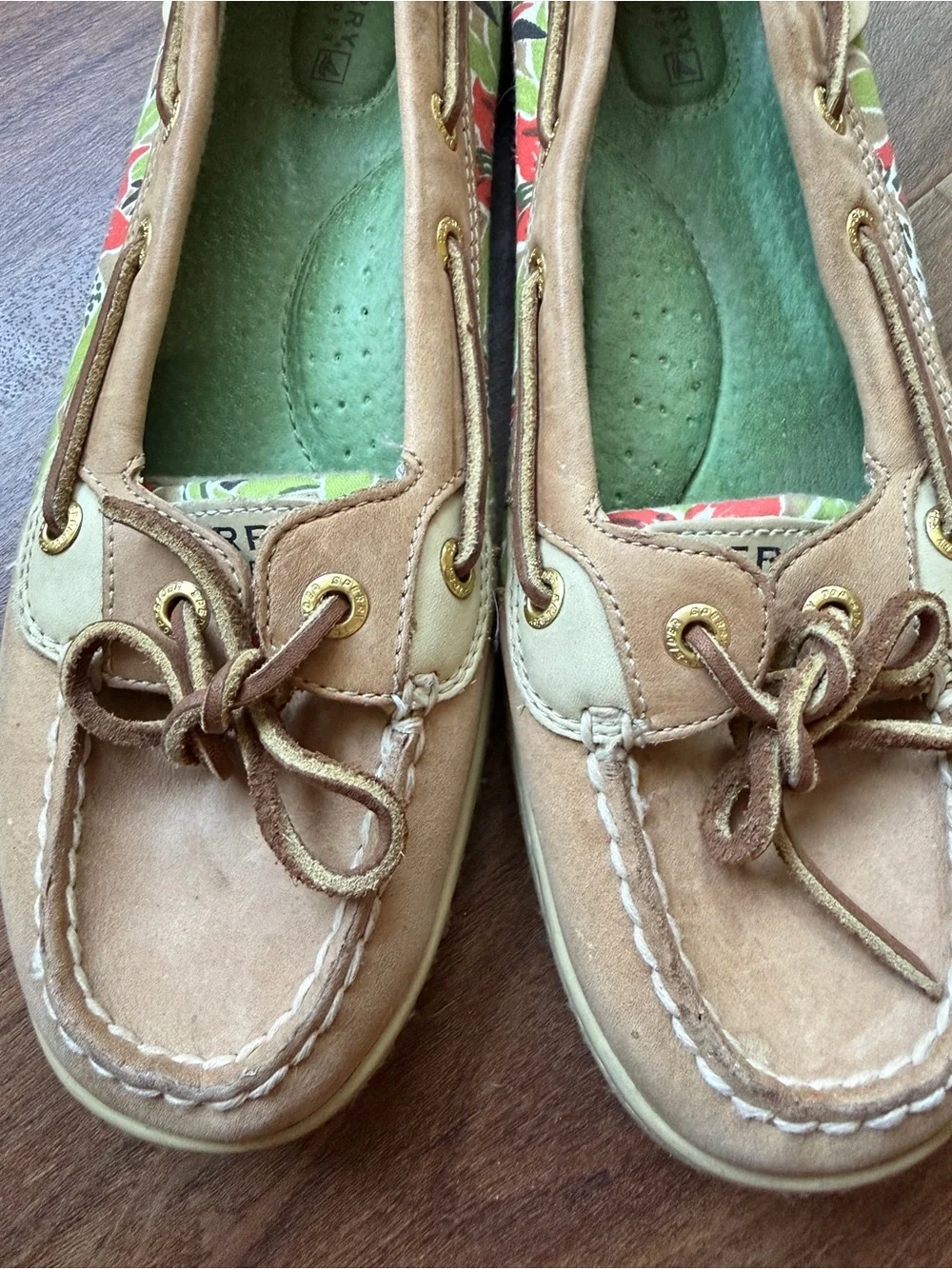 Sperry Tan Leather Boat Shoes with Floral Side Panel